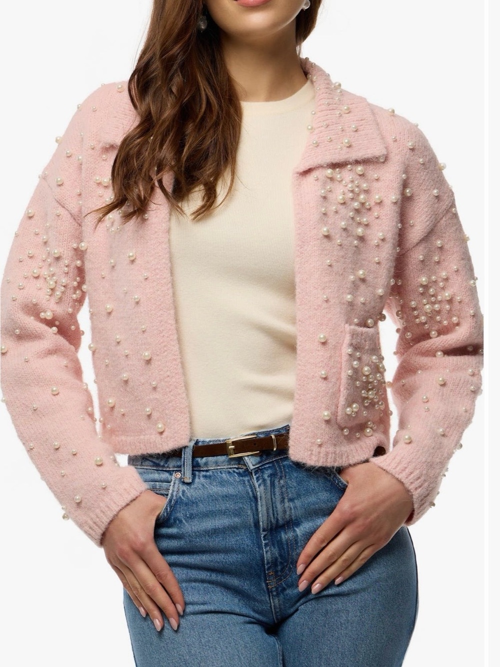 SAACHI Pearl-Embellished Pink Bouclé Sweater
